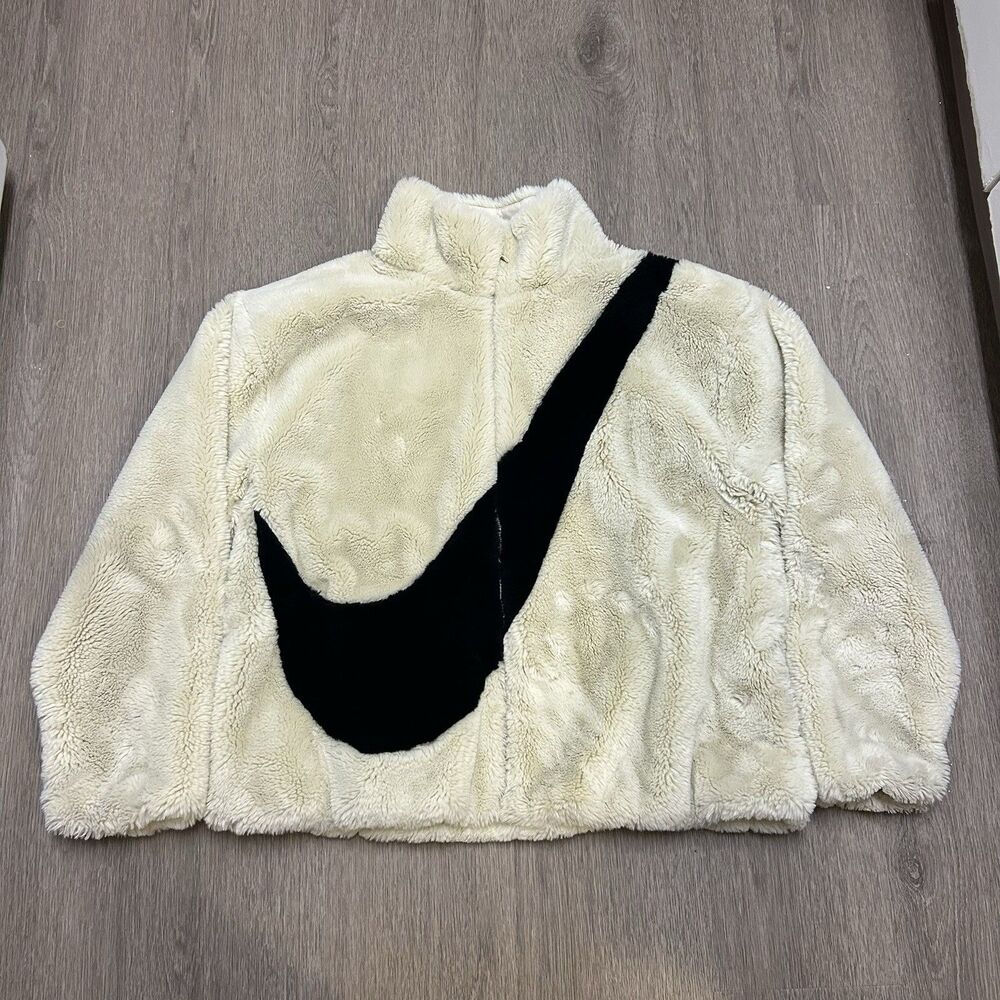 Nike Oversized Faux Fur Swoosh Logo Full Zip Up Jacket Women's Large White Black